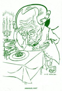 Caricatura de Kant ante un plato de albóndigas alemanas (Königsberger klops). Dibujo de H. E. Köhler
Fuente: Iconografía kantiana de la Universidad de Mainz
